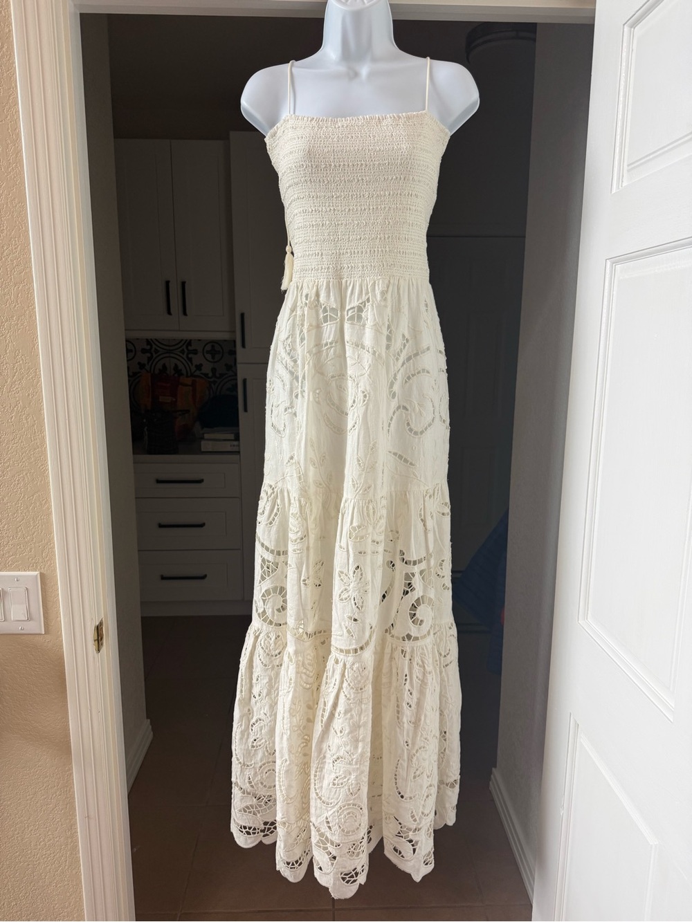 Alice + Olivia Off White Lace Maxi Dress with Smocked Bodice